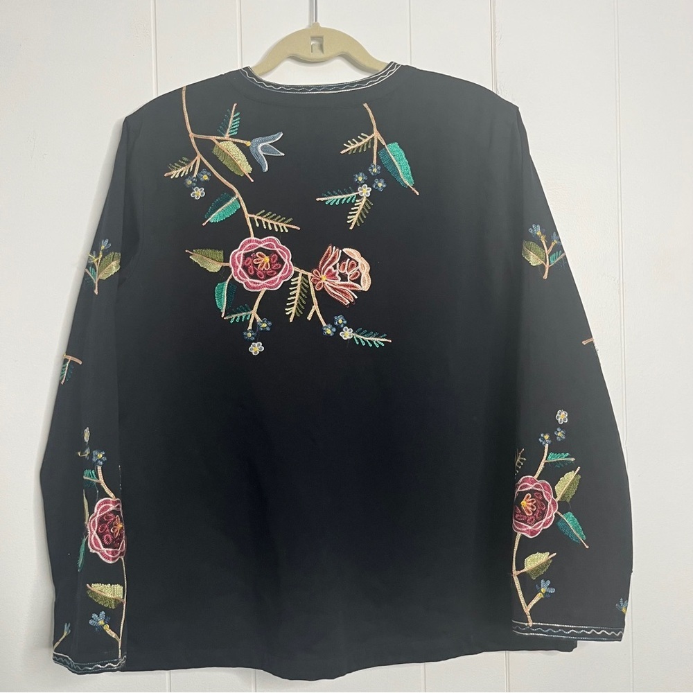 Vintage 90s Bedford Fair Embroidered Black Floral Jacket Folk Women's L - Picture 2 of 9